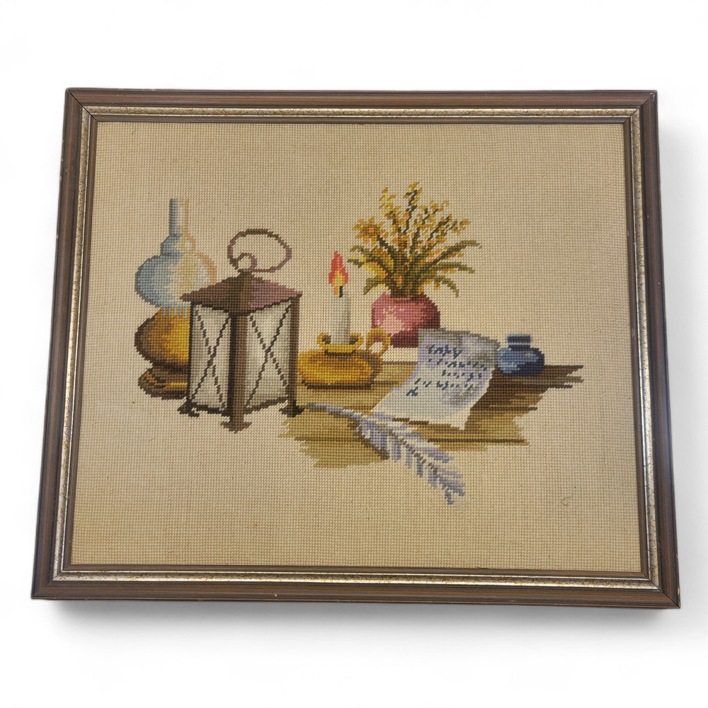 Rare Vintage Crewel‎ Table Scape Art Handmade Embroidery Needlework Fine Detail